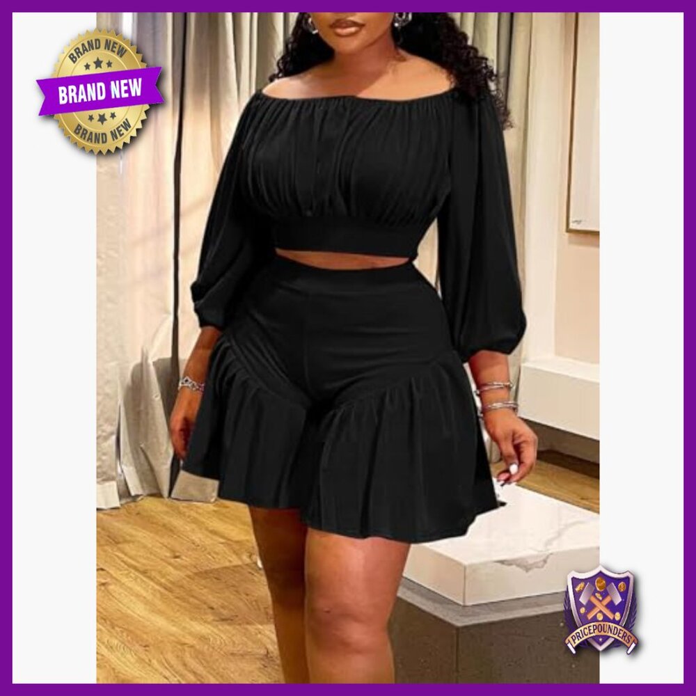 Plus Size Off Shoulder Crop Top and Ruffle Shorts Set, 2 Piece Outfit - Picture 4 of 6